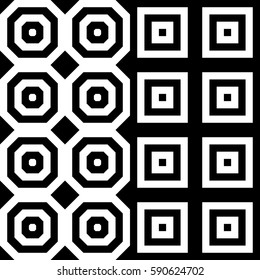 Vector seamless pattern. Geometric ornament, design template with striped black white polygons. Background, texture with figurative geometry. Decoration for card tile web cover fabric print badge