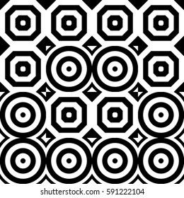 Vector seamless pattern. Geometric ornament, design template with striped black white circles and polygons. Background, texture with figurative geometry. Decor for card tile textile parquet border