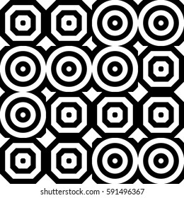 Vector seamless pattern. Geometric ornament, design template with striped black white circles and polygons. Background, texture with op art effect. Decoration for tile web cover fabric print badge