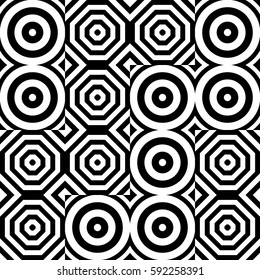 Vector seamless pattern. Geometric ornament, design template with striped black white circles and polygons. Background, texture with op art effect. Decoration for tile web cover fabric print badge