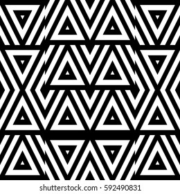 Vector seamless pattern. Geometric ornament, design template with striped black white triangles. Background, texture with figurative geometry. Decoration for card tile web cover fabric print badge