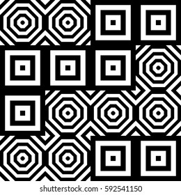 Vector seamless pattern. Geometric ornament, design template with striped black white polygons. Background, texture with figurative geometry. Decoration for card tile web cover fabric print badge