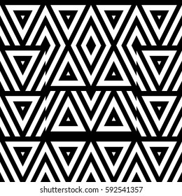 Vector seamless pattern. Geometric ornament, design template with striped black white triangles. Background, texture with figurative geometry. Decoration for card tile web cover fabric print badge