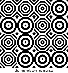 Vector seamless pattern. Geometric ornament, design template with striped black white circles and polygons. Background, texture with figurative geometry. Decor for card tile textile parquet border