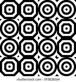 Vector seamless pattern. Geometric ornament, design template with striped black white circles and polygons. Background, texture with op art effect. Decoration for tile web cover fabric print badge