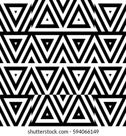 Vector seamless pattern. Geometric ornament, design template with striped black white triangles. Background, texture with figurative geometry. Decoration for card tile web cover fabric print badge