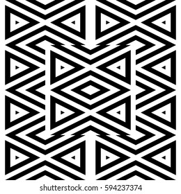 Vector seamless pattern. Geometric ornament, design template with striped black white triangles. Background, texture with figurative geometry. Decoration for card tile web cover fabric print badge