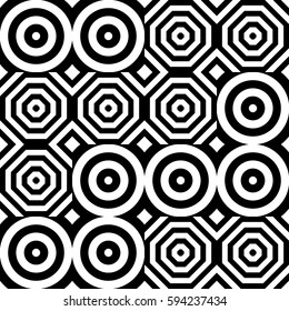 Vector seamless pattern. Geometric ornament, design template with striped black white circles and polygons. Background, texture with op art effect. Decoration for tile web cover fabric print badge