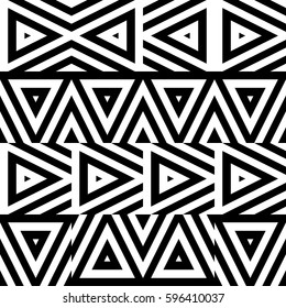 Vector seamless pattern. Geometric ornament, design template with striped black white triangles. Background, texture with figurative geometry. Decoration for card tile web cover fabric print badge
