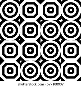Vector seamless pattern. Geometric ornament, design template with striped black white circles and polygons. Background, texture with op art effect. Decoration for tile web cover fabric print badge