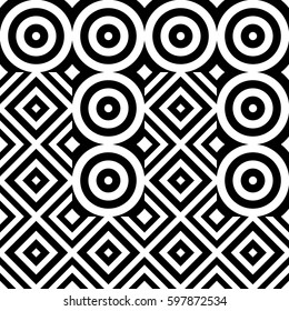 Vector seamless pattern. Geometric ornament, design template with striped black white circles and polygons. Background, texture with op art effect. Decoration for tile web cover fabric print badge