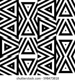 Vector seamless pattern. Geometric ornament, design chaos with striped black white triangles. Background, texture with chaotic geometry. Decoration for card tile web cover fabric print badge