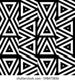 Vector seamless pattern. Geometric ornament, design template with striped black white triangles. Background, texture with figurative geometry. Decoration for card tile web cover fabric print badge