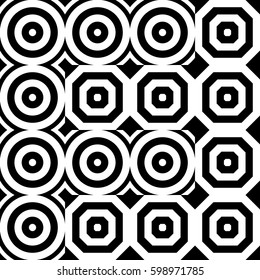Vector seamless pattern. Geometric ornament, design template with striped black white circles and polygons. Background, texture with op art effect. Decoration for tile web cover fabric print badge