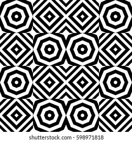 Vector seamless pattern. Geometric ornament, design template with striped black white polygons. Background, texture with figurative geometry. Decoration for card tile web cover fabric print badge