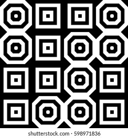 Vector seamless pattern. Geometric ornament, design template with striped black white polygons. Background, texture with figurative geometry. Decoration for card tile web cover fabric print badge