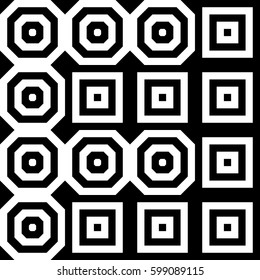 Vector seamless pattern. Geometric ornament, design template with striped black white polygons. Background, texture with figurative geometry. Decoration for card tile web cover fabric print badge
