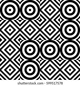 Vector seamless pattern. Geometric ornament, design template with striped black white circles and polygons. Background, texture with figurative geometry. Decor for card tile textile parquet border