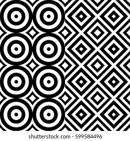 Vector seamless pattern. Geometric ornament, design template with striped black white circles and polygons. Background, texture with op art effect. Decoration for tile web cover fabric print badge