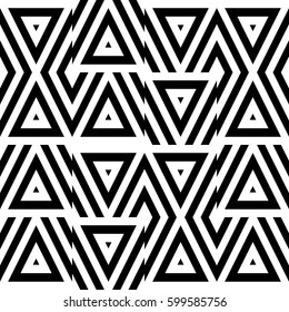 Vector seamless pattern. Geometric ornament, design chaos with striped black white triangles. Background, texture with chaotic geometry. Decoration for card tile web cover fabric print badge