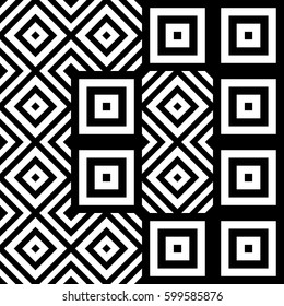 Vector seamless pattern. Geometric ornament, design template with striped black white polygons. Background, texture with figurative geometry. Decoration for card tile web cover fabric print badge