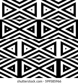 Vector seamless pattern. Geometric ornament, design template with striped black white triangles. Background, texture with figurative geometry. Decoration for card tile web cover fabric print badge