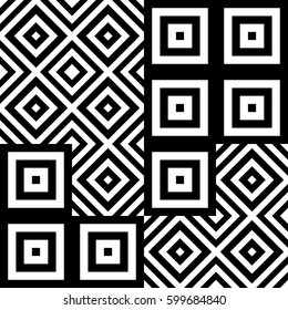 Vector seamless pattern. Geometric ornament, design template with striped black white polygons. Background, texture by tetris composition. Decoration for card tile web cover fabric print badge