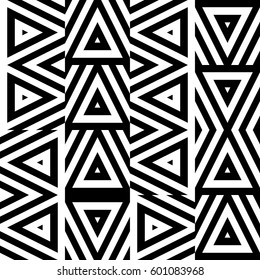 Vector seamless pattern. Geometric ornament, design template with striped black white triangles. Background, texture with figurative geometry. Decoration for card tile web cover fabric print badge