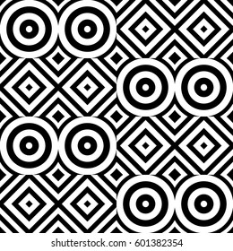 Vector seamless pattern. Geometric ornament, design template with striped black white circles and polygons. Background, texture with op art effect. Decoration for tile web cover fabric print badge