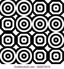 Vector seamless pattern. Geometric ornament, design template with striped black white circles and polygons. Background, texture with figurative geometry. Decor for card tile textile parquet border