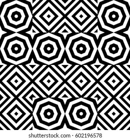 Vector seamless pattern. Geometric ornament, design template with striped black white polygons. Background, texture with figurative geometry. Decoration for card tile web cover fabric print badge