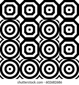 Vector seamless pattern. Geometric ornament, design template with striped black white polygons. Background, texture with figurative geometry. Decoration for card tile web cover fabric print badge