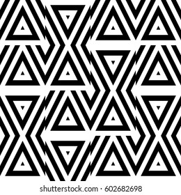 Vector seamless pattern. Geometric ornament, design chaos with striped black white triangles. Background, texture with chaotic geometry. Decoration for card tile web cover fabric print badge