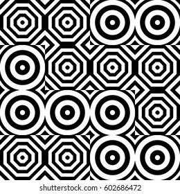 Vector seamless pattern. Geometric ornament, design template with striped black white circles and polygons. Background, texture with figurative geometry. Decor for card tile textile parquet border