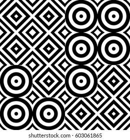 Vector seamless pattern. Geometric ornament, design template with striped black white circles and polygons. Background, texture by tetris composition. Decoration for tile web cover fabric print badge