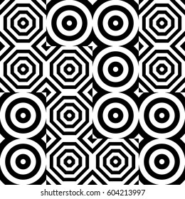 Vector seamless pattern. Geometric ornament, design template with striped black white circles and polygons. Background, texture with figurative geometry. Decor for card tile textile parquet border