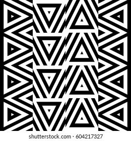 Vector seamless pattern. Geometric ornament, design template with striped black white triangles. Background, texture with figurative geometry. Decoration for card tile web cover fabric print badge