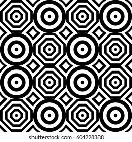 Vector seamless pattern. Geometric ornament, design template with striped black white circles and polygons. Background, texture with figurative geometry. Decor for card tile textile parquet border