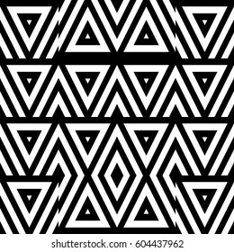 Vector seamless pattern. Geometric ornament, design template with striped black white triangles. Background, texture with figurative geometry. Decoration for card tile web cover fabric print badge