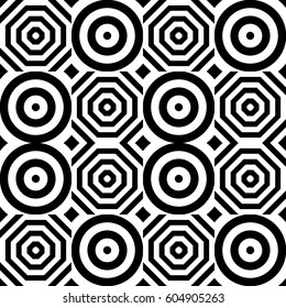 Vector seamless pattern. Geometric ornament, design template with striped black white circles and polygons. Background, texture with figurative geometry. Decor for card tile textile parquet border