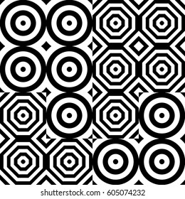 Vector seamless pattern. Geometric ornament, design template with striped black white circles and polygons. Background, texture by tetris composition. Decoration for tile web cover fabric print badge