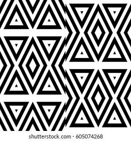 Vector seamless pattern. Geometric ornament, design template with striped black white triangles. Background, texture with figurative geometry. Decoration for card tile web cover fabric print badge