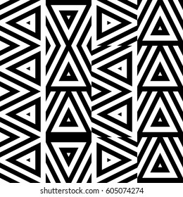 Vector seamless pattern. Geometric ornament, design template with striped black white triangles. Background, texture with figurative geometry. Decoration for card tile web cover fabric print badge