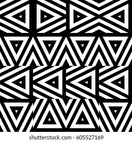 Vector seamless pattern. Geometric ornament, design template with striped black white triangles. Background, texture with figurative geometry. Decoration for card tile web cover fabric print badge