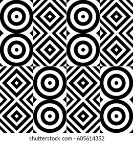 Vector seamless pattern. Geometric ornament, design template with striped black white circles and polygons. Background, texture with figurative geometry. Decor for card tile textile parquet border
