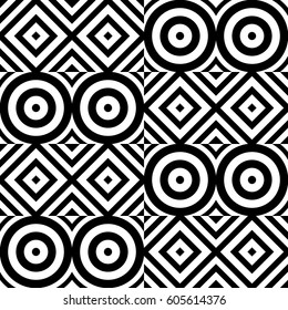 Vector seamless pattern. Geometric ornament, design template with striped black white circles and polygons. Background, texture with op art effect. Decoration for tile web cover fabric print badge
