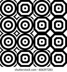 Vector seamless pattern. Geometric ornament, design template with striped black white polygons. Background, texture with figurative geometry. Decoration for card tile web cover fabric print badge
