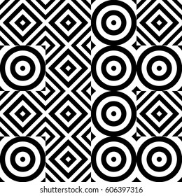 Vector seamless pattern. Geometric ornament, design template with striped black white circles and polygons. Background, texture with figurative geometry. Decor for card tile textile parquet border