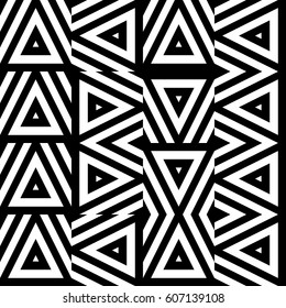 Vector seamless pattern. Geometric ornament, design template with striped black white triangles. Background, texture with figurative geometry. Decoration for card tile web cover fabric print badge