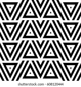 Vector seamless pattern. Geometric ornament, design template with striped black white triangles. Background, texture with figurative geometry. Decoration for card tile web cover fabric print badge